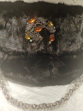 Black Faux Fur Shoulder Bag with Amber and Green Jewel Brooch